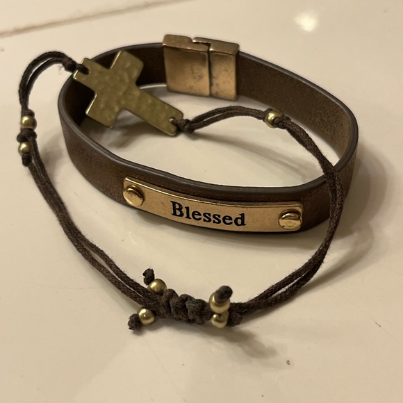 Gold and Brown Distressed Leather 'Blessed' and Cross Bracelets - Picture 6 of 9